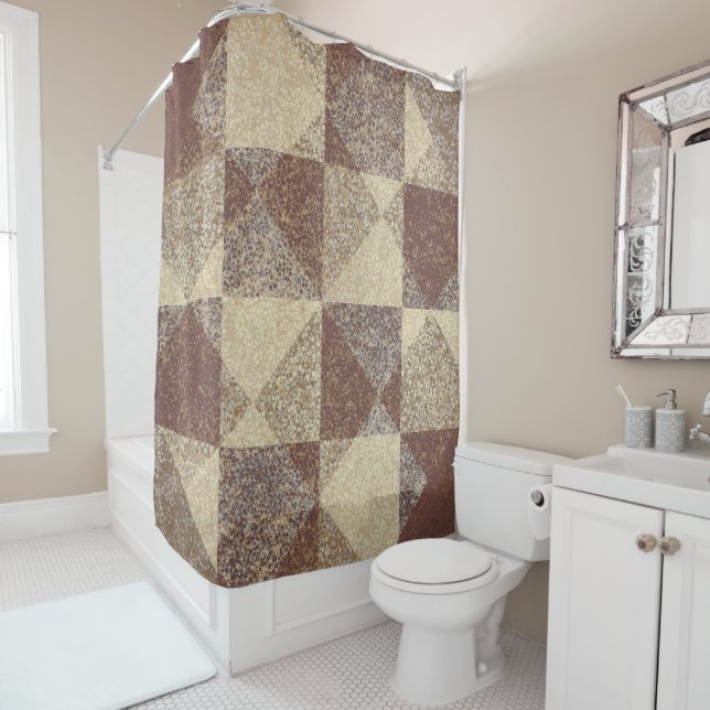 Diamond Square Tile Speckled Muted Earth Tones Shower Curtain (In Situ)