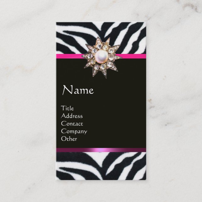 DIAMOND STAR PINK BLACK WHITE ZEBRA FUR MONOGRAM BUSINESS CARD (Front)