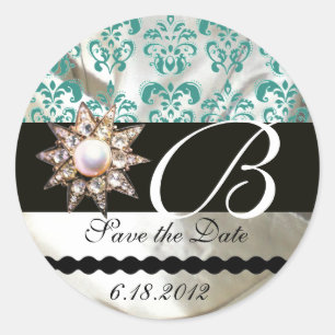 DIAMOND STAR WHITE BLUE SILK DAMASK MONOGRAM CLASSIC ROUND STICKER