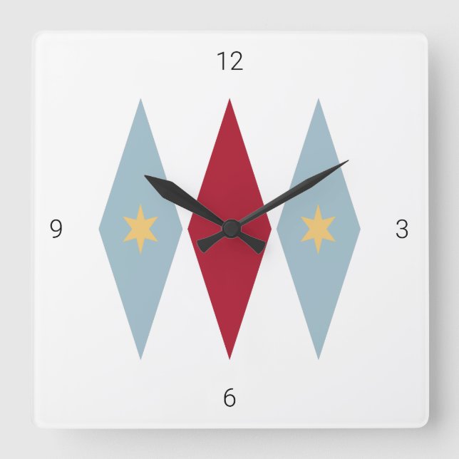 Diamond Starburst Blue Red Mid Century Retro Square Wall Clock (Front)