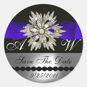 DIAMOND STARS BLACK WHITE BLUE RIBBON MONOGRAM CLASSIC ROUND STICKER
