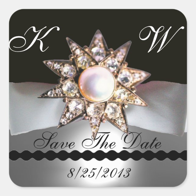 DIAMOND STARS BLACK WHITE RIBBON MONOGRAM SQUARE STICKER (Front)