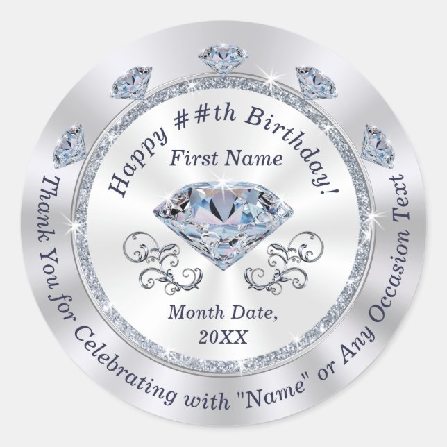 Diamond Stickers, 60th, 70th, 75th, 100th Birthday Classic Round Sticker (Front)