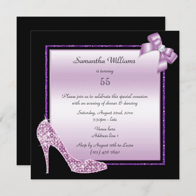 Diamond Stiletto & Romantic Bow Birthday Invitation (Front/Back)