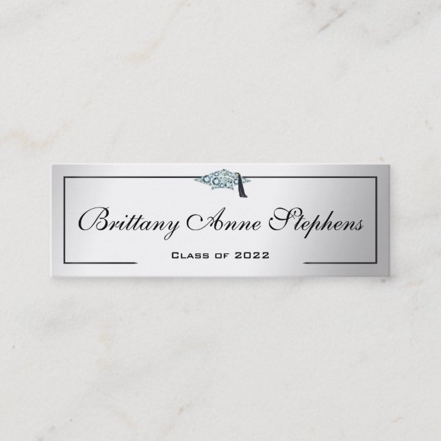 Diamond Studded Grad Cap Silver Calling Card (Front)