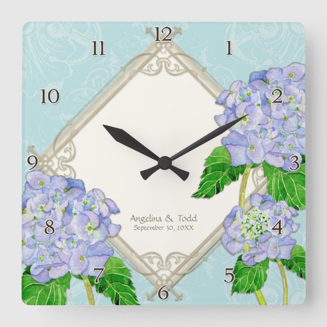 Diamond Swirl Blue Hydrangea Wedding Anniversary Square Wall Clock (Front)