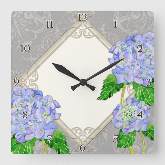 Diamond Swirl Etchings Blue Hydrangea Home Decor Square Wall Clock (Front)