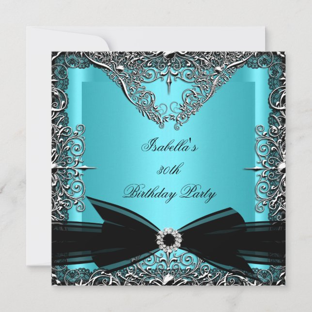 Diamond Teal Blue Black Bow Silver Birthday Party Invitation (Front)