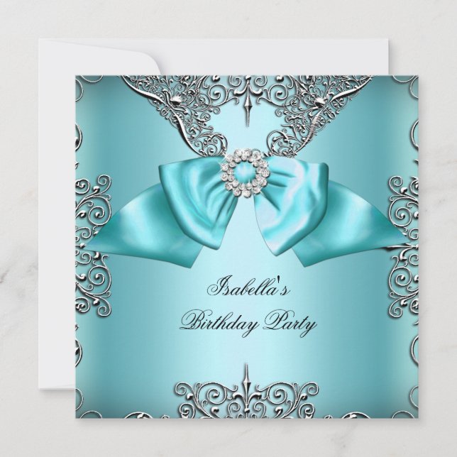 Diamond Teal Blue Bow Silver Elegant Birthday Invitation (Front)