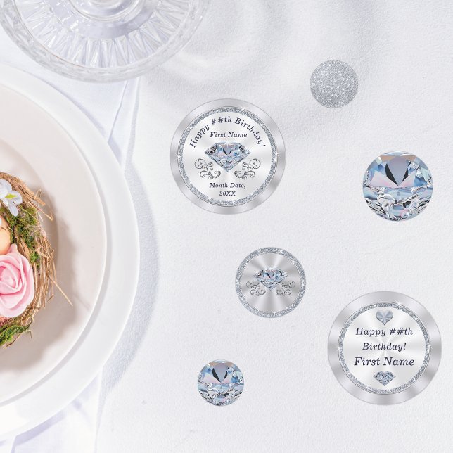 Diamond Theme Personalised, Happy Birthday Table Confetti (Personalized, Birthday Confetti for Diamond Birthday Party Ideas and Diamond Table Decorations.)