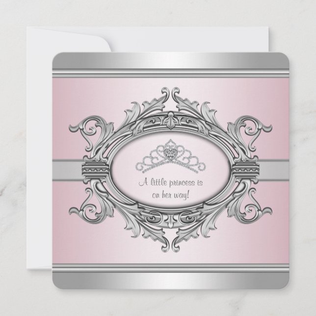 Diamond Tiara Grey Pink Princess Baby Girl Shower Invitation (Front)