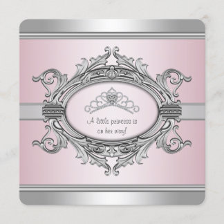 Diamond Tiara Grey Pink Princess Baby Girl Shower Invitation