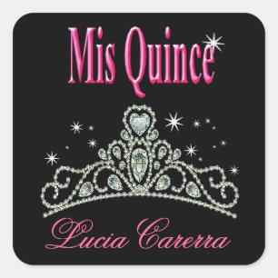 Diamond Tiara Quinceañera (black/pink) Party Square Sticker