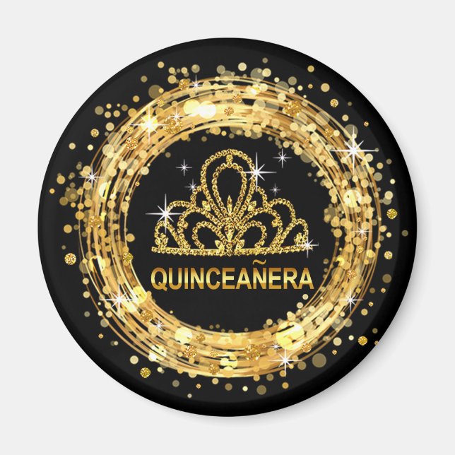 Diamond Tiara Quinceanera Glitter Confetti | gold Magnet (Front)