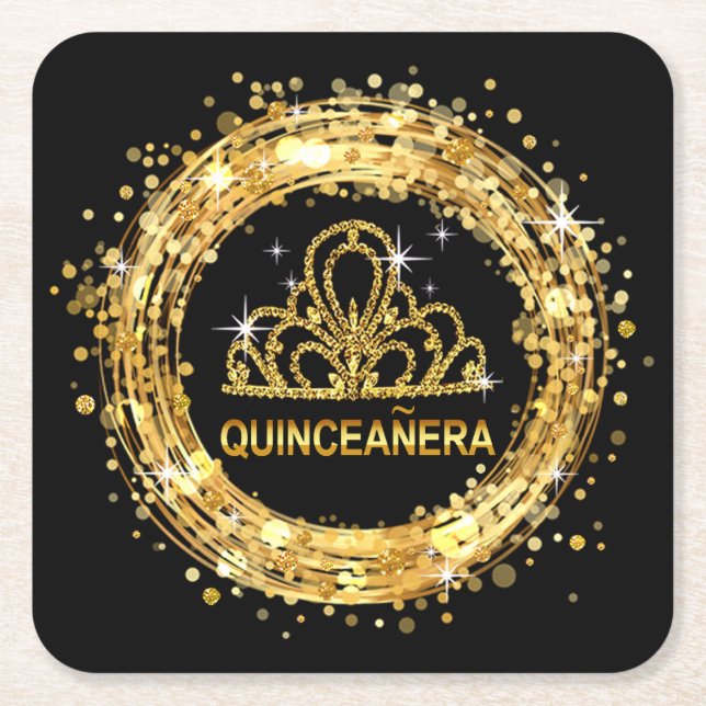 Diamond Tiara Sweet 16 Glitter Confetti | gold Square Paper Coaster (Front)