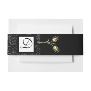 DIAMOND TULIPS Black White Damask Square Monogram Invitation Belly Band
