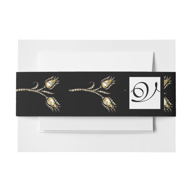 DIAMOND TULIPS Black White Square  Monogram Invitation Belly Band (Front Example)