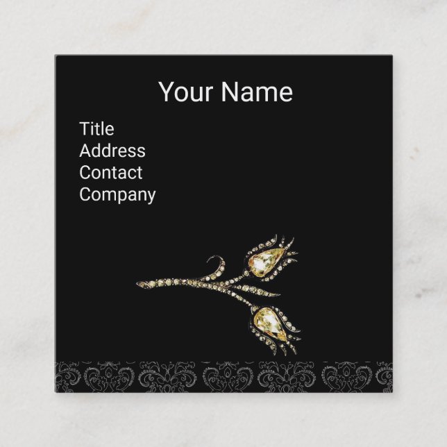 DIAMOND TULIPS DAMASK MONOGRAM ,Black & White Square Business Card (Front)