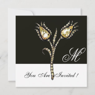 DIAMOND TULIPS MONOGRAM ,Black and White Invitation