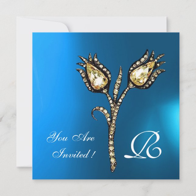 DIAMOND TULIPS MONOGRAM , Blue Sapphire Invitation (Front)