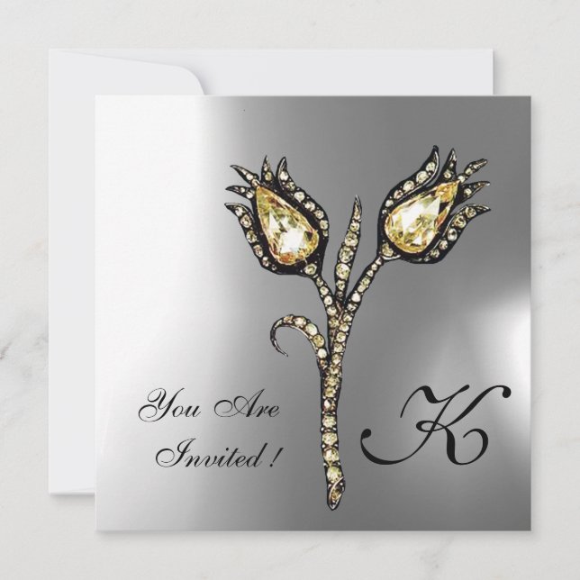 DIAMOND TULIPS MONOGRAM ,Grey White Moonstone Invitation (Front)