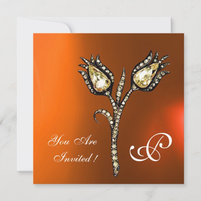 DIAMOND TULIPS MONOGRAM , Yellow Orange Agate Invitation (Front)