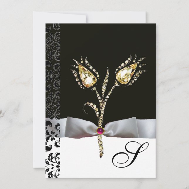 DIAMOND TULIPS ,Pink Black White Damask Monogram Invitation (Front)
