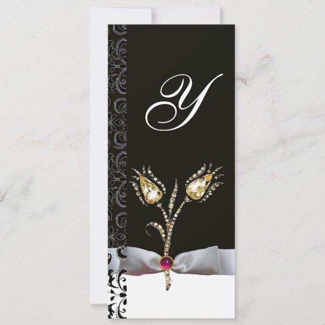 DIAMOND TULIPS ,Pink Black White Damask Monogram Invitation (Front)