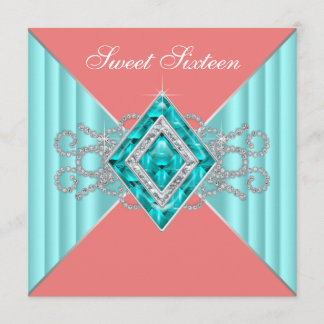 Diamond Turquoise Coral Sweet 16 Birthday Party Invitation