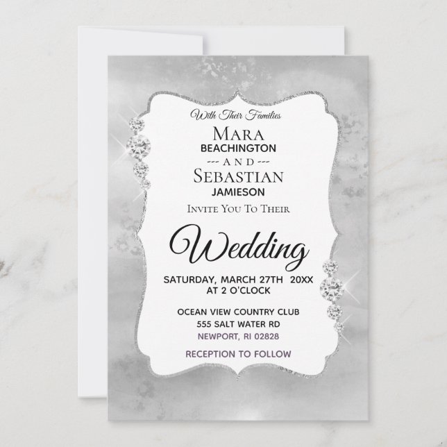 ~ Diamond Watercolor Silver Grey   Wedding Invitation (Front)