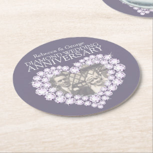 Diamond wedding anniversary heart photo coasters