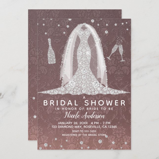 Diamond Wedding Dress Dusty Rose Bridal Shower Invitation (Front/Back)