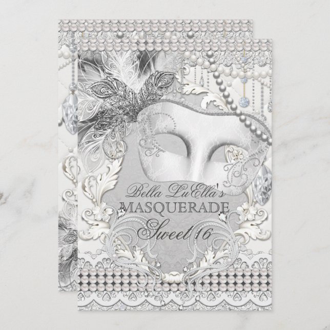Diamond White Pearl Masquerade Invitation (Front/Back)