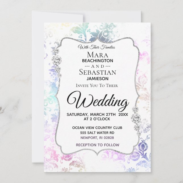 *~* Diamond White Vintage  Rustic Damask Wedding Invitation (Front)
