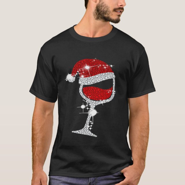 Diamond Wine Glasses Santa Hat Christmas T-Shirt (Front)