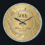 Diamonds And Gold 50th Wedding Anniversary Large Clock<br><div class="desc">Elegant gold tones floral border with 2 hearts and a diamond,  Gold 50th Wedding Anniversary. It comes in silver tones for the 25th anniversary. Diamonds are not real</div>