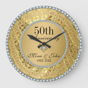 Diamonds And Gold 50th Wedding Anniversary Large Clock