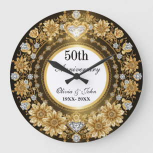 Diamonds And Gold 50th Wedding Anniversary Large Clock