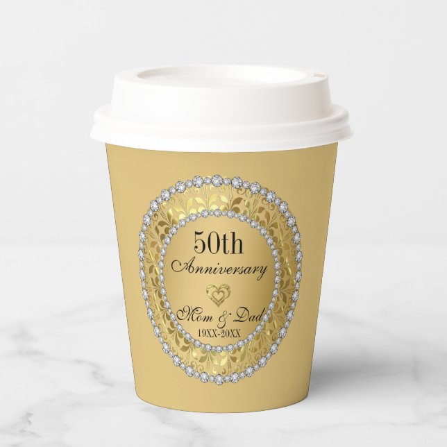 Diamonds And Gold 50th Wedding Anniversary Paper Cups (Front)