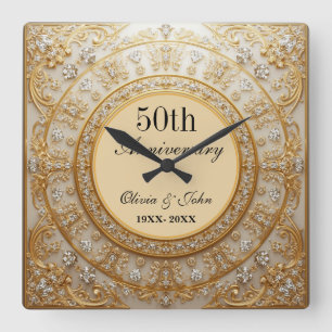 Diamonds And Gold 50th Wedding Anniversary Square Wall Clock