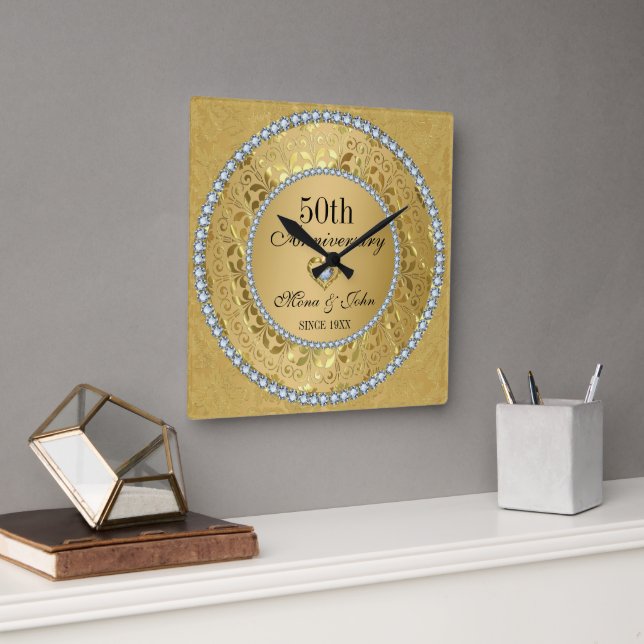 Diamonds And Gold 50th Wedding Anniversary Square Wall Clock (Office)