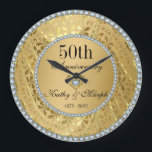 Diamonds And Gold Damask 50th Wedding Anniversary  Large Clock<br><div class="desc">Elegant gold tones floral border with 2 hearts and a diamond,  Gold 50th Wedding Anniversary. It comes in silver tones for the 25th anniversary. Diamonds are not real</div>