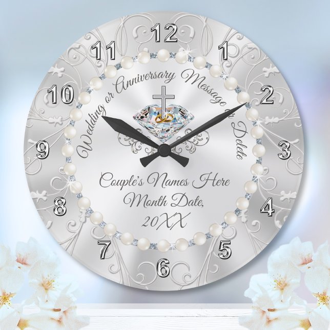Diamonds and Pearls Personalised Wedding Clock (Christian Wedding Gift for Bride and Groom. Christian Anniversary Gifts. Any Year. Christian Clock.)