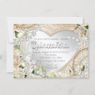 Diamonds and Pearls White Rose Quinceanera Invitation