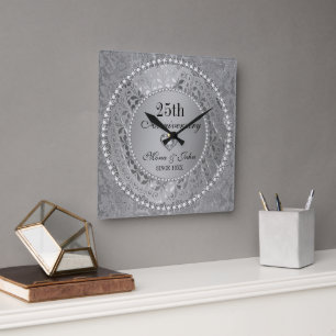 Diamonds And Silver 25th Wedding Anniversary Square Wall Clock