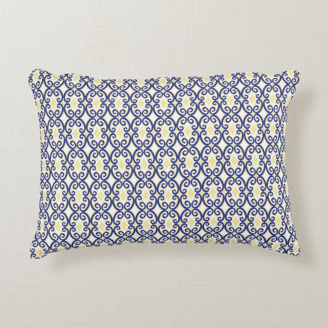 Diamonds and Swirls Yellow Blue White Pattern Decorative Cushion (Front)