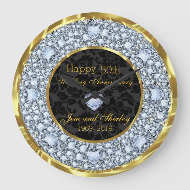 Diamonds, Black and Gold 50th Wedding Anniversary Large Clock (Front)