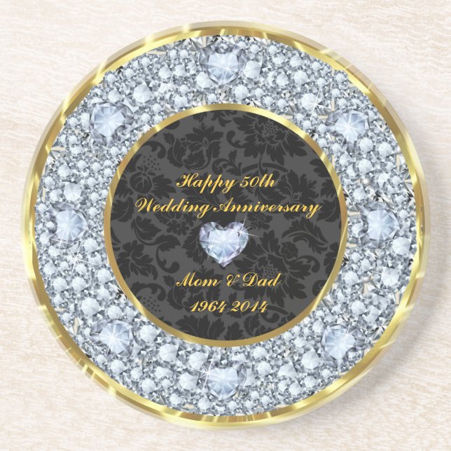 Diamonds, Black & Gold 50th Wedding Anniversary Coaster (Front)