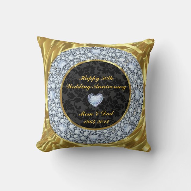Diamonds, Black & Gold 50th Wedding Anniversary Cushion (Front)