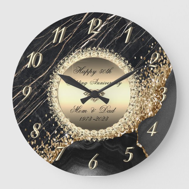 Diamonds Black Marble 50 Wedding Anniversary   Large Clock (Front)
